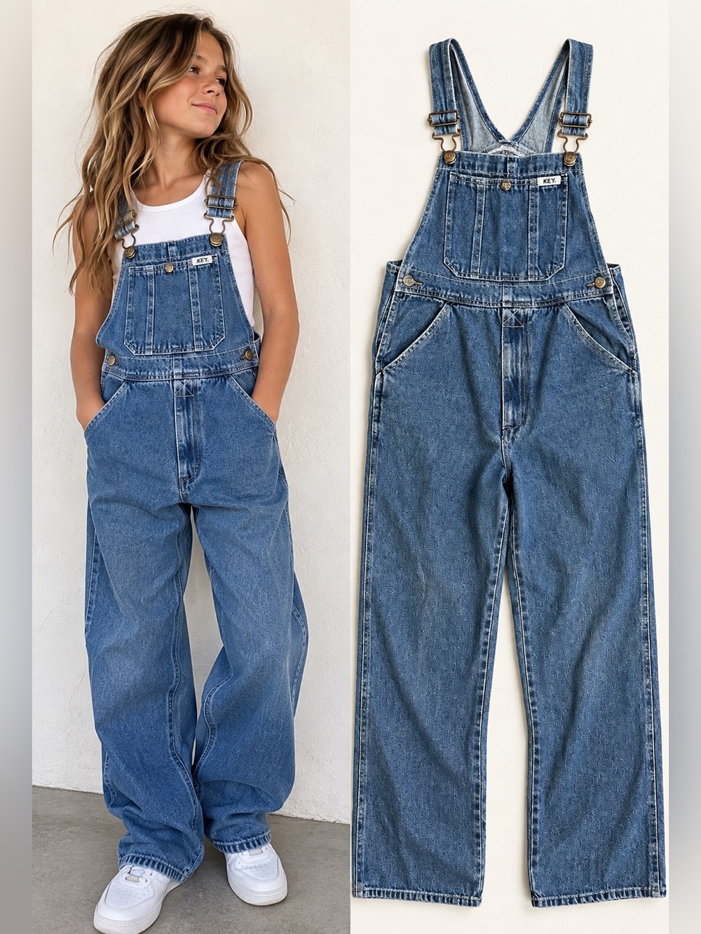 KEY Kids Size 16 Denim Overalls Vintage Workwear Carpenter Bib Jeans Scarecrow